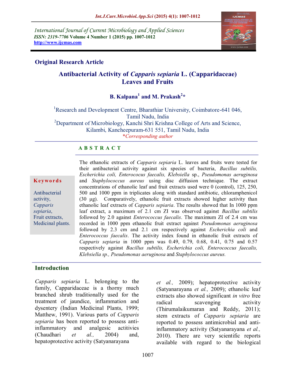 Antibacterial Activity of Capparis Sepiaria L. (Capparidaceae) Leaves and Fruits