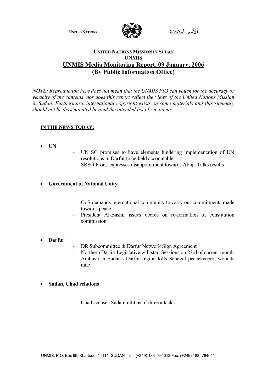 UNMIS Media Monitoring Report, 02 January, 2006