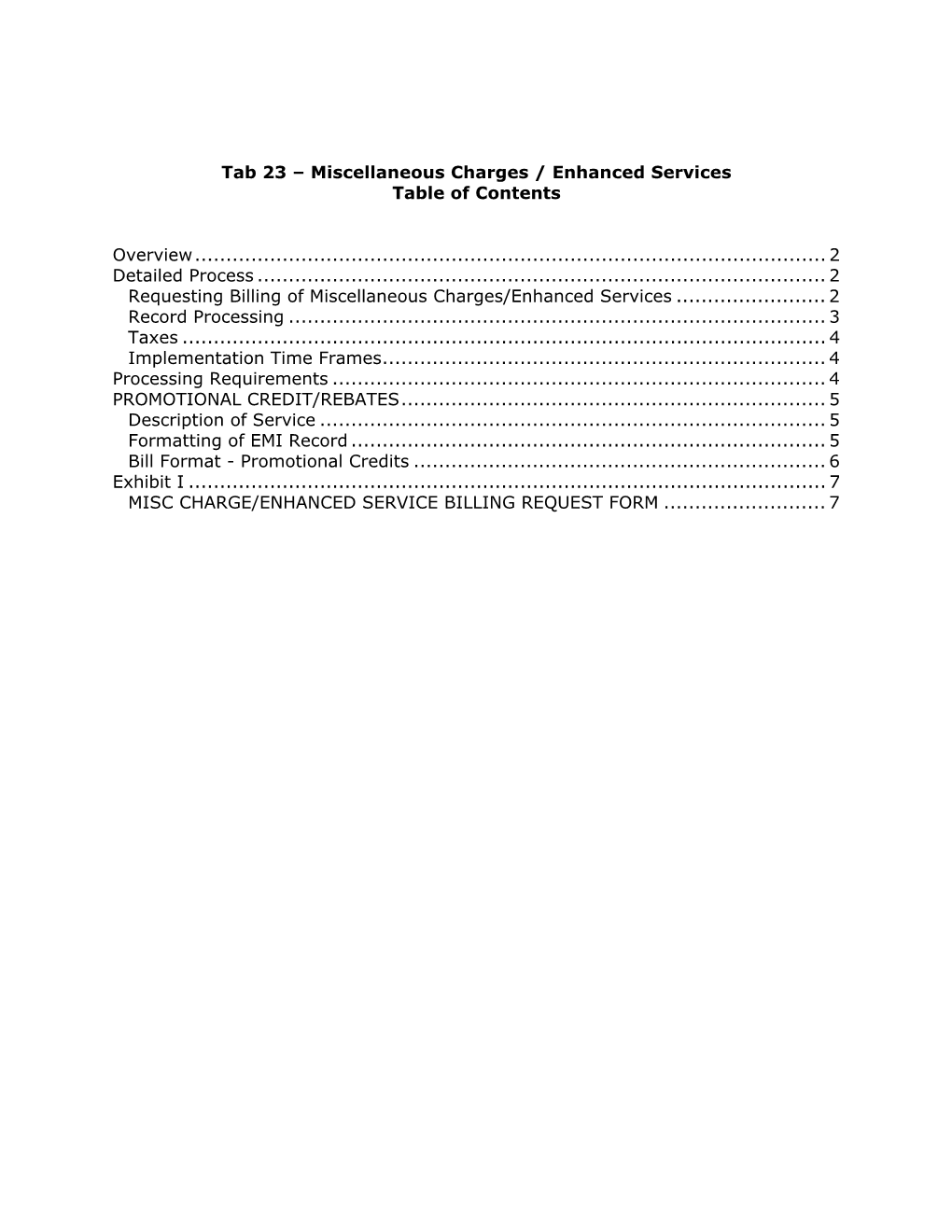 Tab 23 – Miscellaneous Charges / Enhanced Services Table of Contents