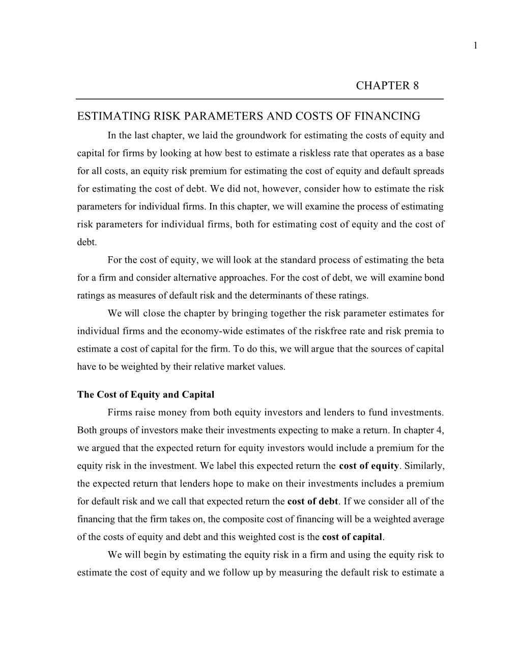 Estimating Risk Parameters and Costs of Financing