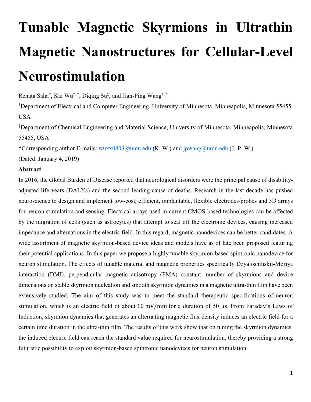 Tunable Magnetic Skyrmions in Ultrathin Magnetic Nanostructures for Cellular-Level Neurostimulation