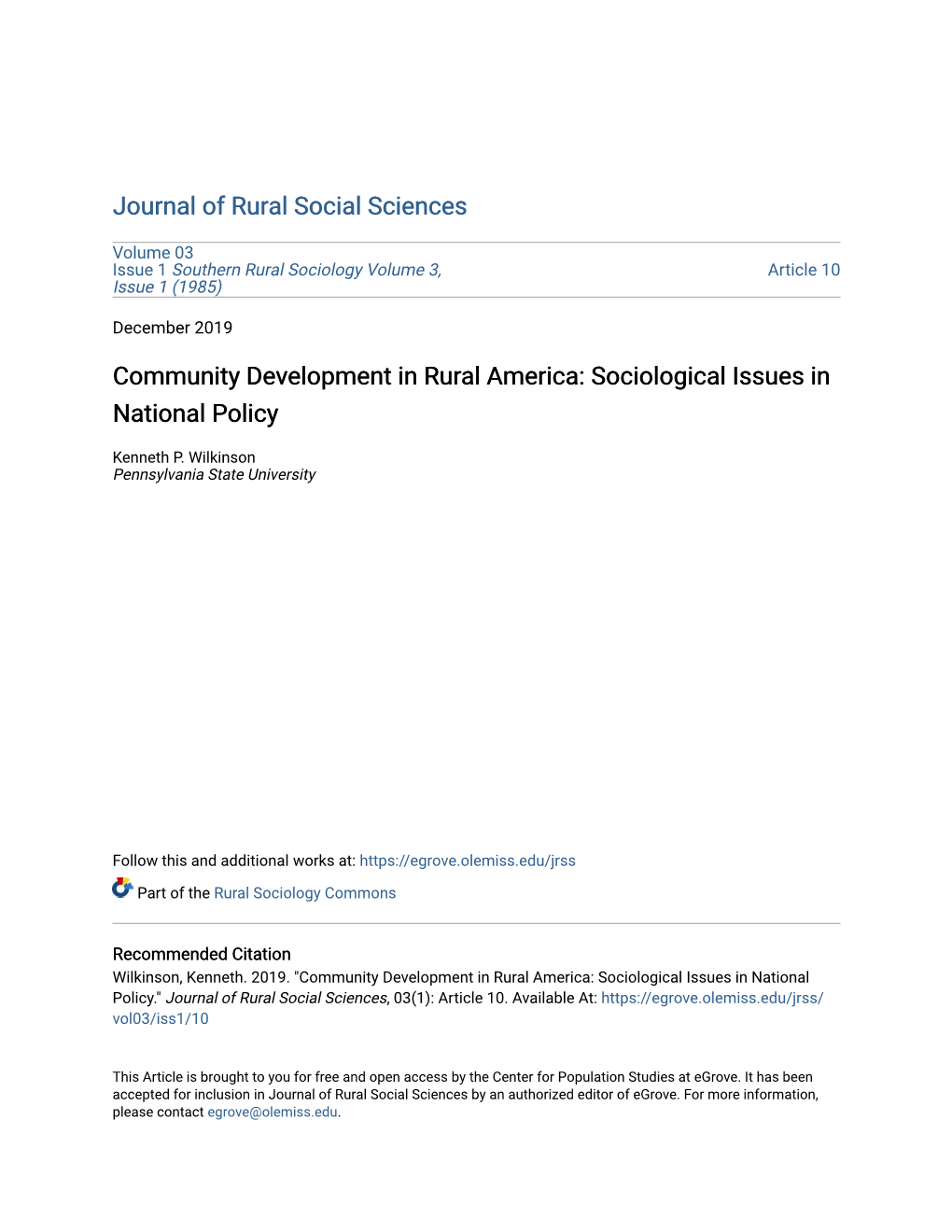 Community Development in Rural America: Sociological Issues in National Policy