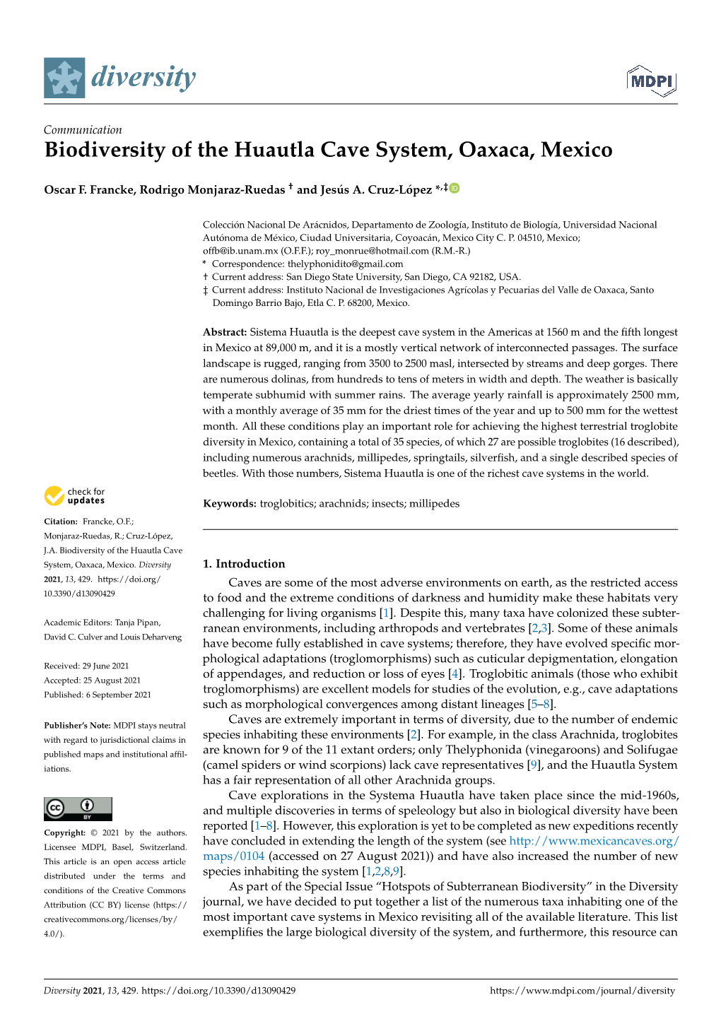 Biodiversity of the Huautla Cave System, Oaxaca, Mexico