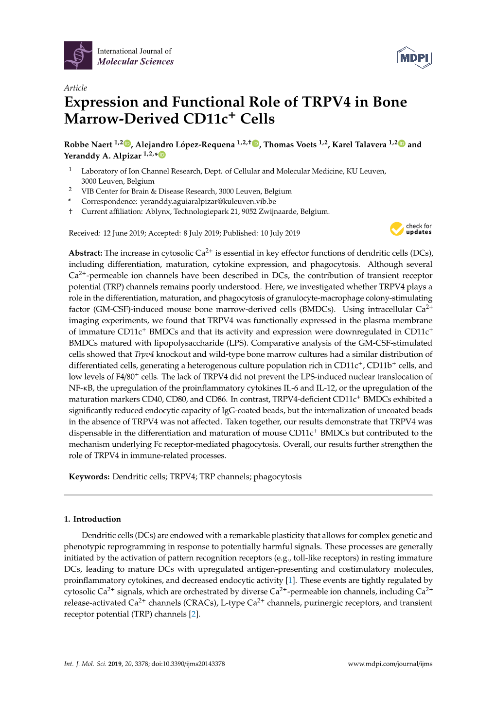 Expression and Functional Role of TRPV4 in Bone Marrow-Derived Cd11c+ Cells