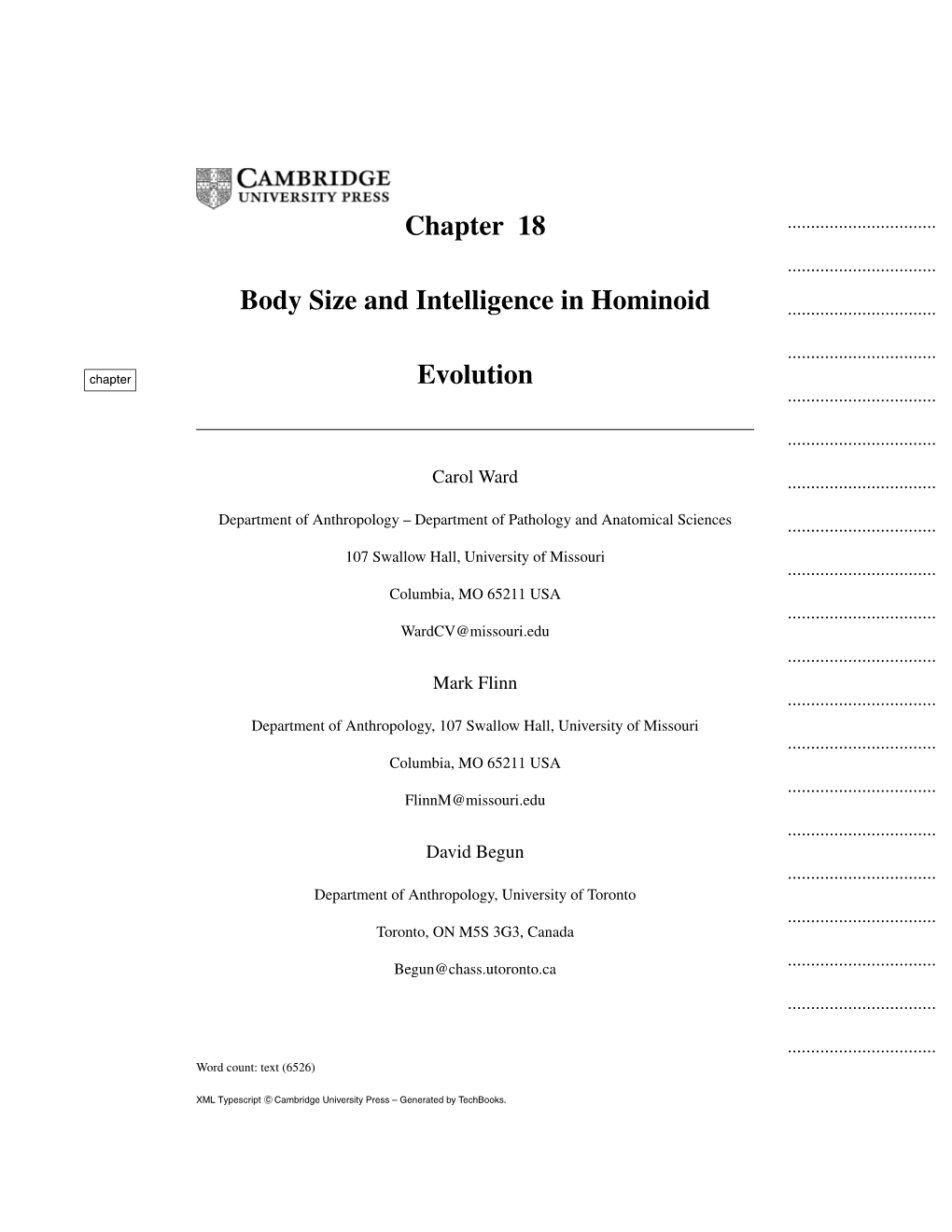 Chapter 18 Body Size and Intelligence in Hominoid Evolution