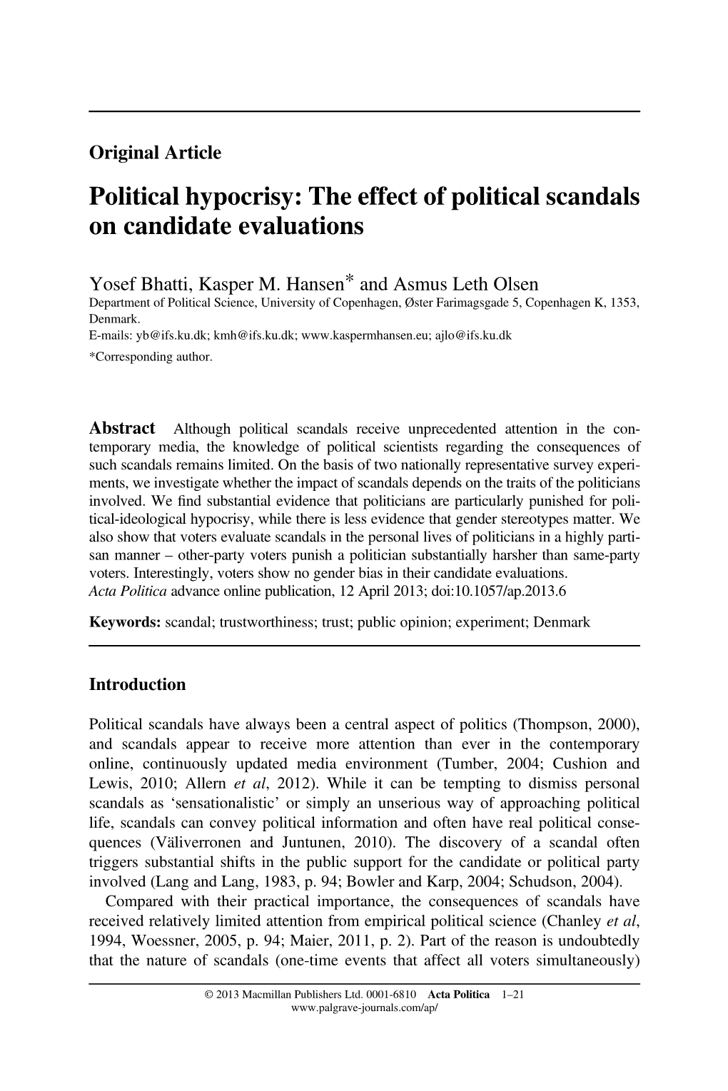 Political Hypocrisy: the Effect of Political Scandals on Candidate Evaluations