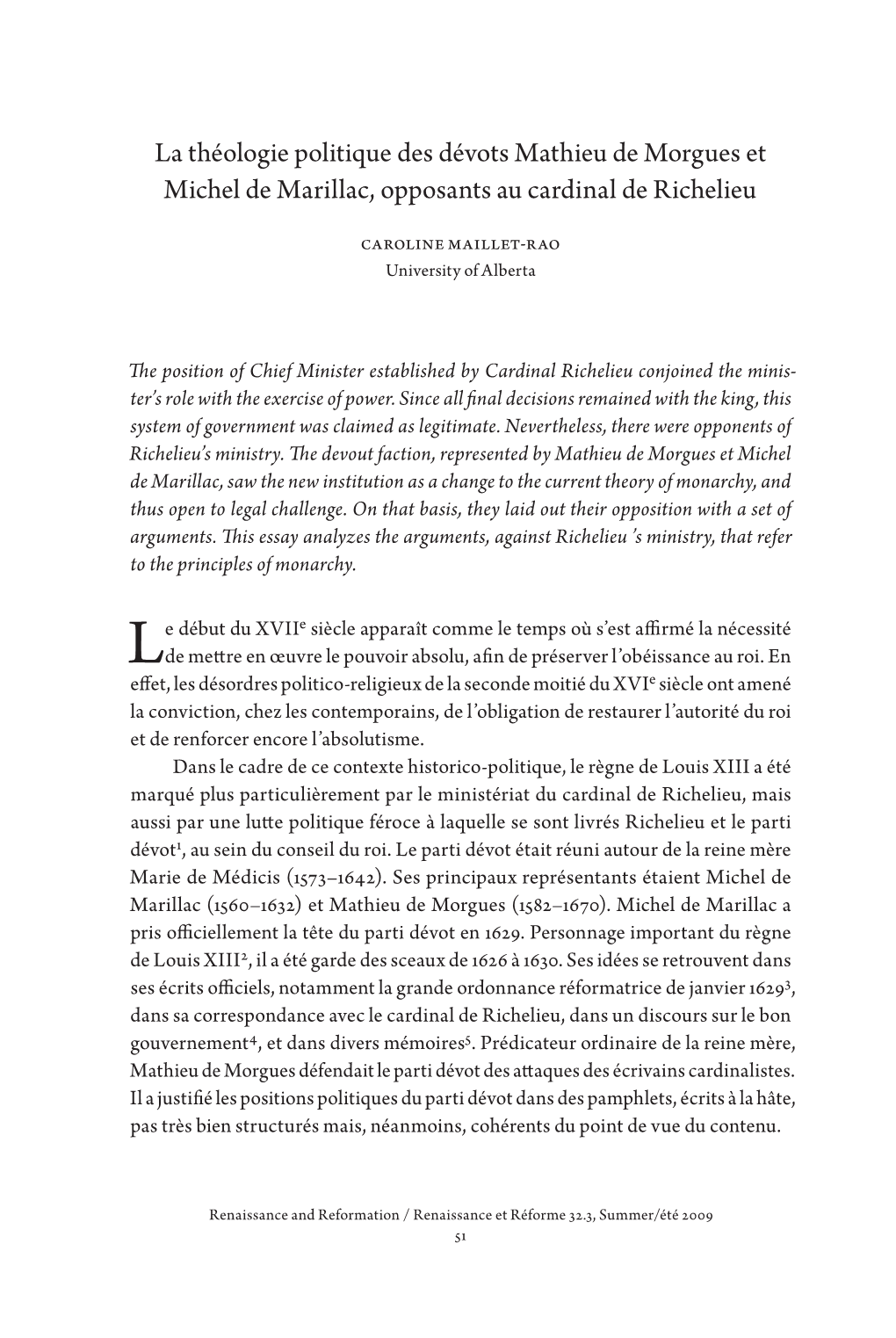 La Théologie Politique Des Dévots Mathieu De Morgues Et Michel De Marillac, Opposants Au Cardinal De Richelieu