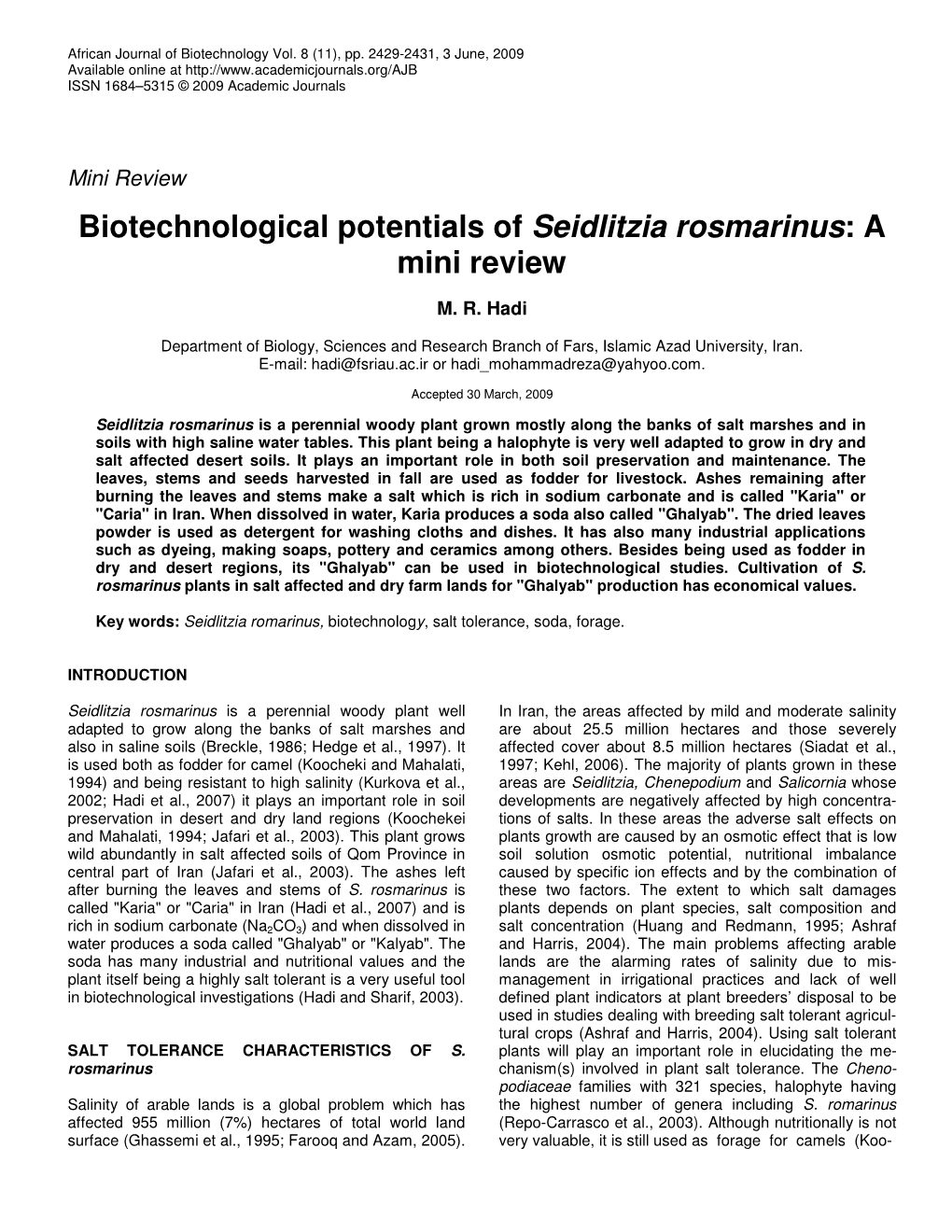 Biotechnological Potentials of Seidlitzia Rosmarinus: a Mini Review