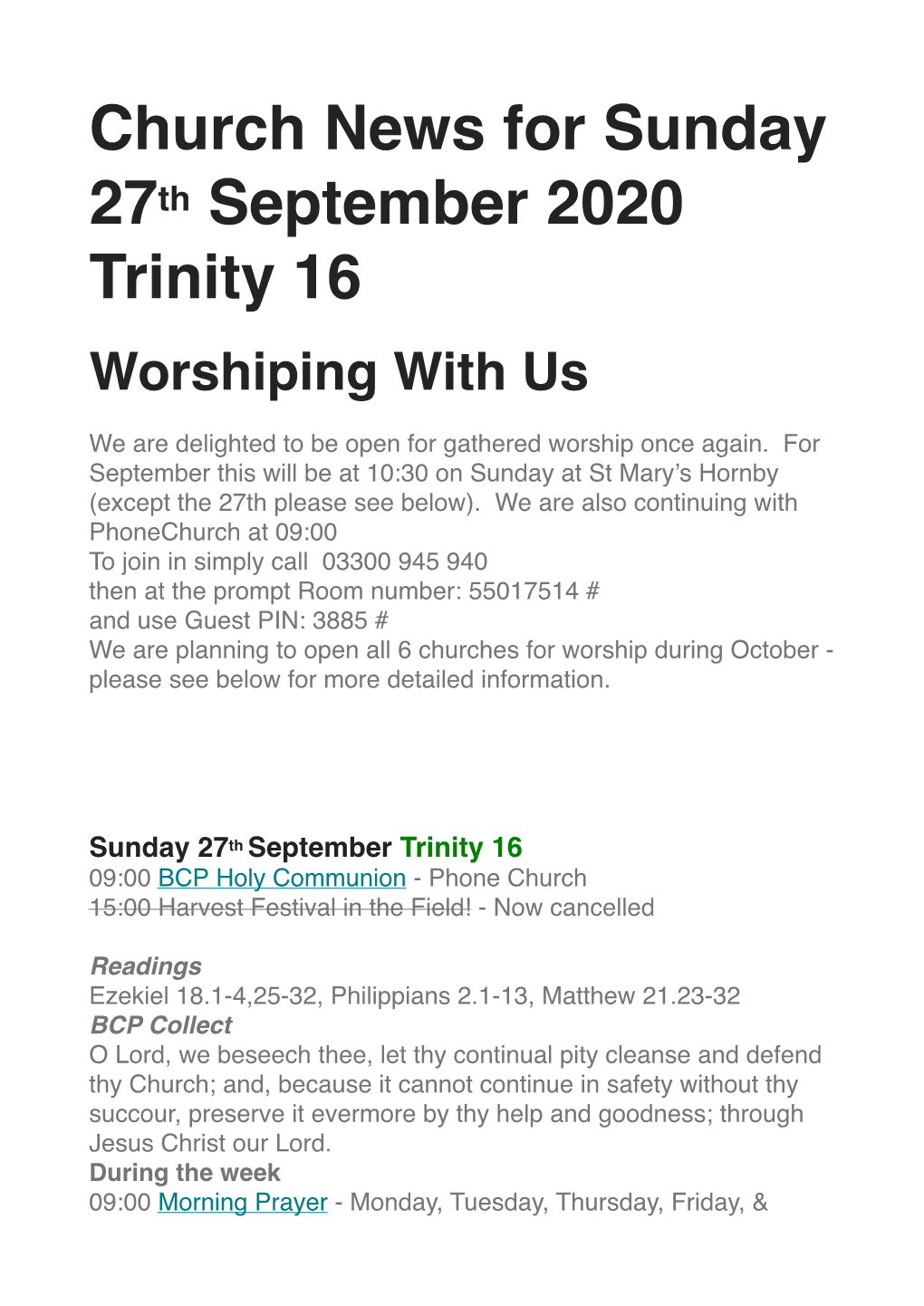 Church News for Sunday 27Th September 2020 Trinity 16 Worshiping with Us