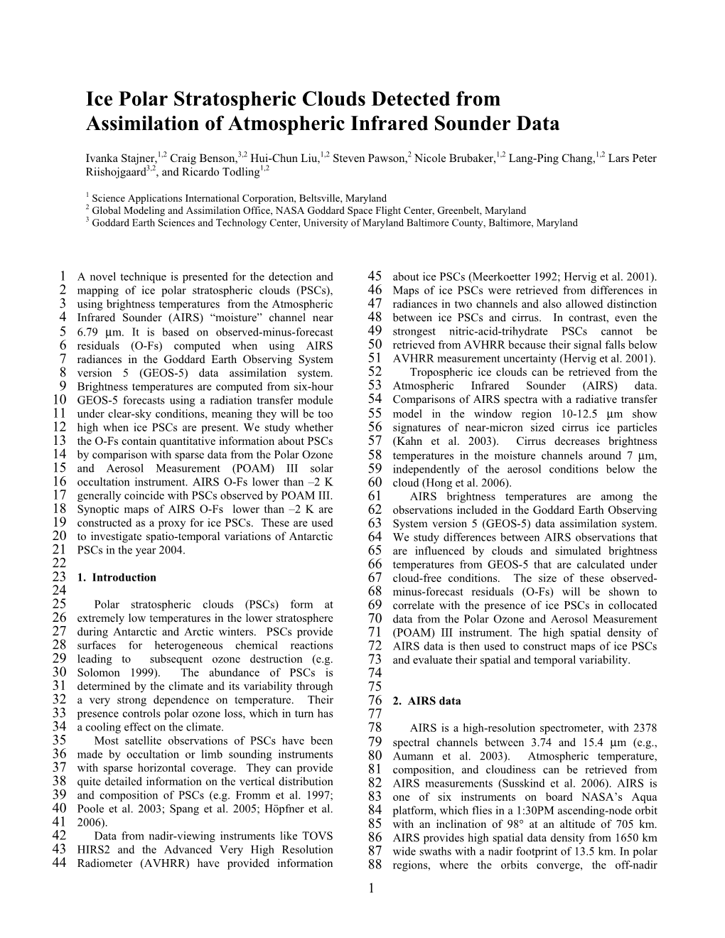 Ice Polar Stratospheric Clouds Detected from Assimilation of Atmospheric Infrared Sounder Data