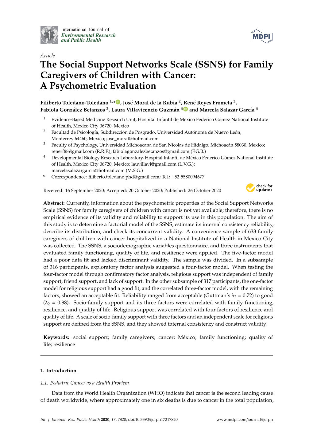 The Social Support Networks Scale (SSNS) for Family Caregivers of Children with Cancer: a Psychometric Evaluation