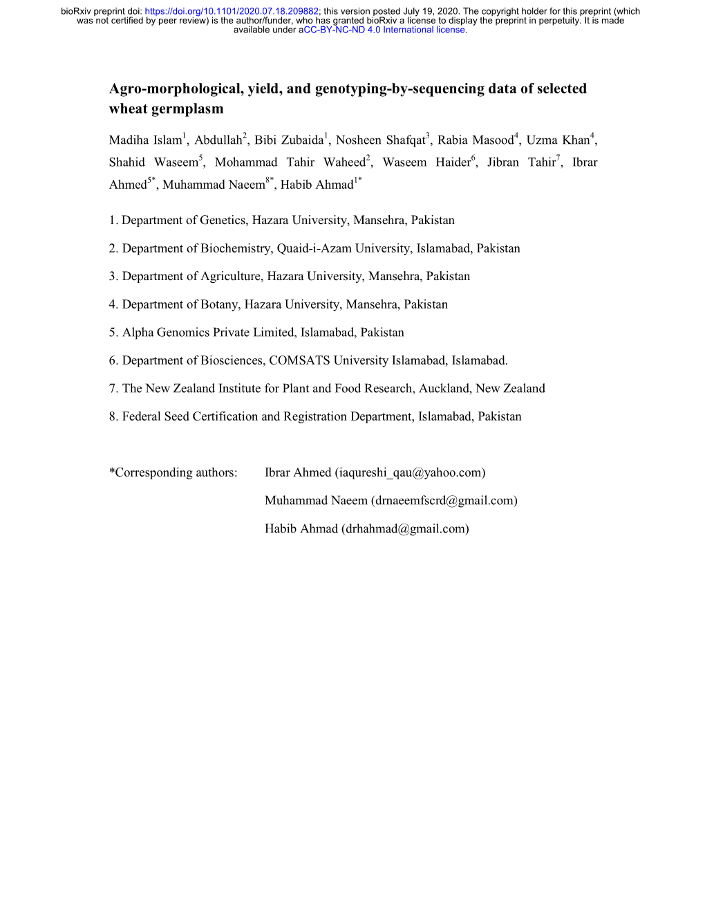 Agro-Morphological, Yield, and Genotyping-By-Sequencing Data of Selected Wheat Germplasm