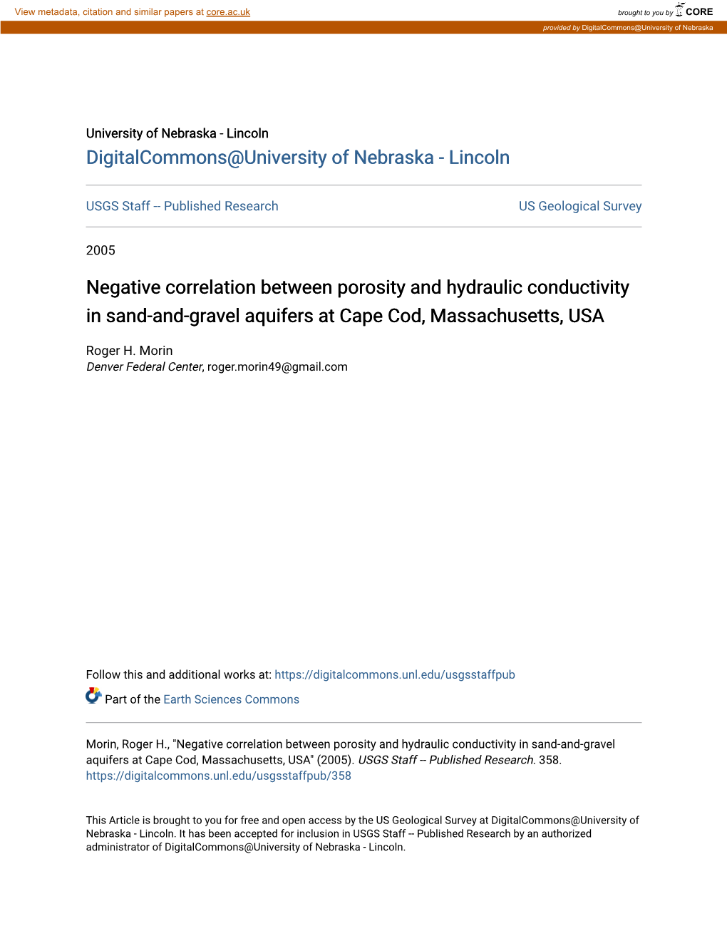 Negative Correlation Between Porosity and Hydraulic Conductivity in Sand-And-Gravel Aquifers at Cape Cod, Massachusetts, USA