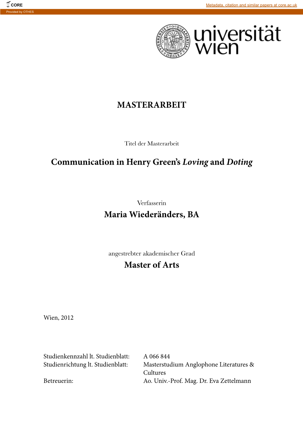 MASTERARBEIT Communication in Henry Green's Loving and Doting