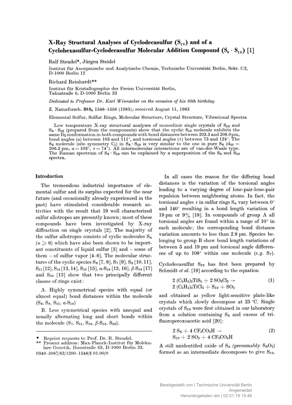 X-Ray Structural Analyses of Cyclodecasulfur (S10) and of A