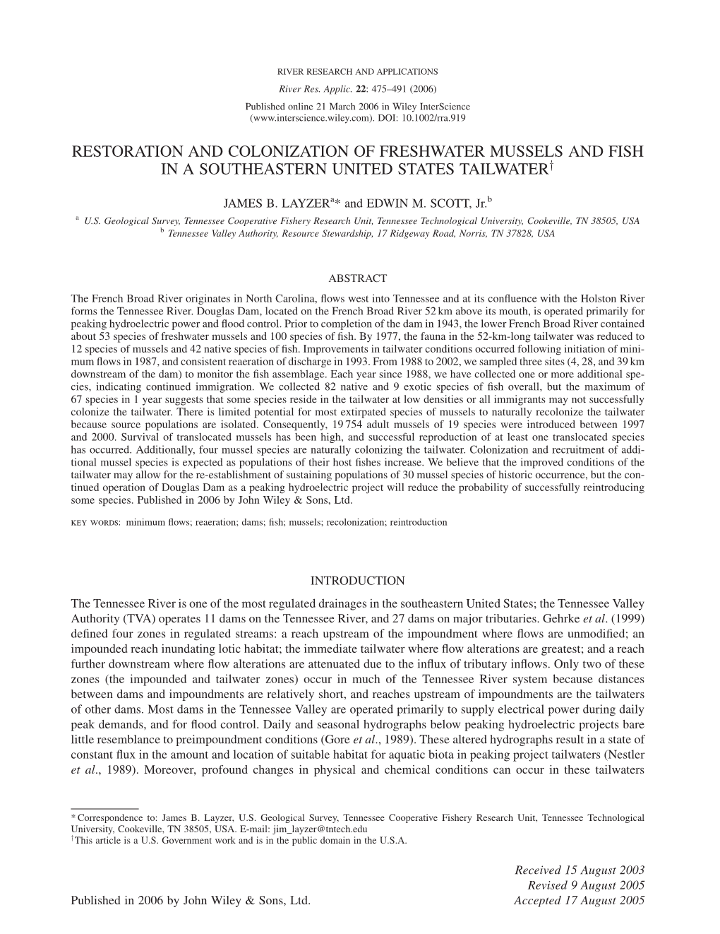 RESTORATION and COLONIZATION of FRESHWATER MUSSELS and FISH in a SOUTHEASTERN UNITED STATES Tailwatery