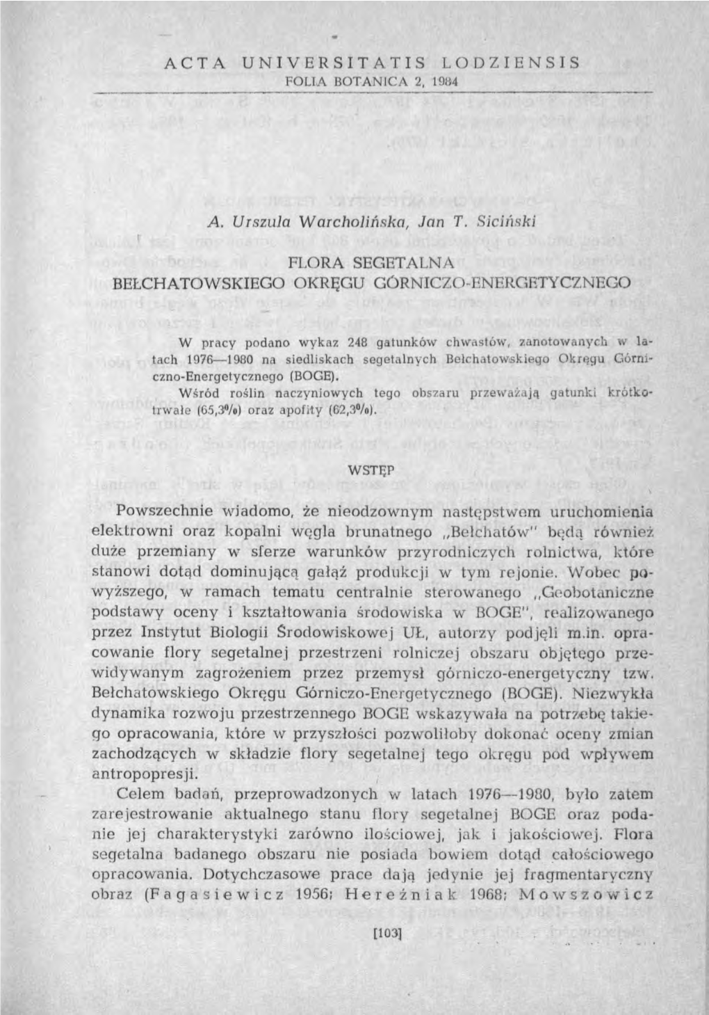 ACTA UNIVERSITATIS LODZIENSIS A. Urszula Warcholińska, Jan T
