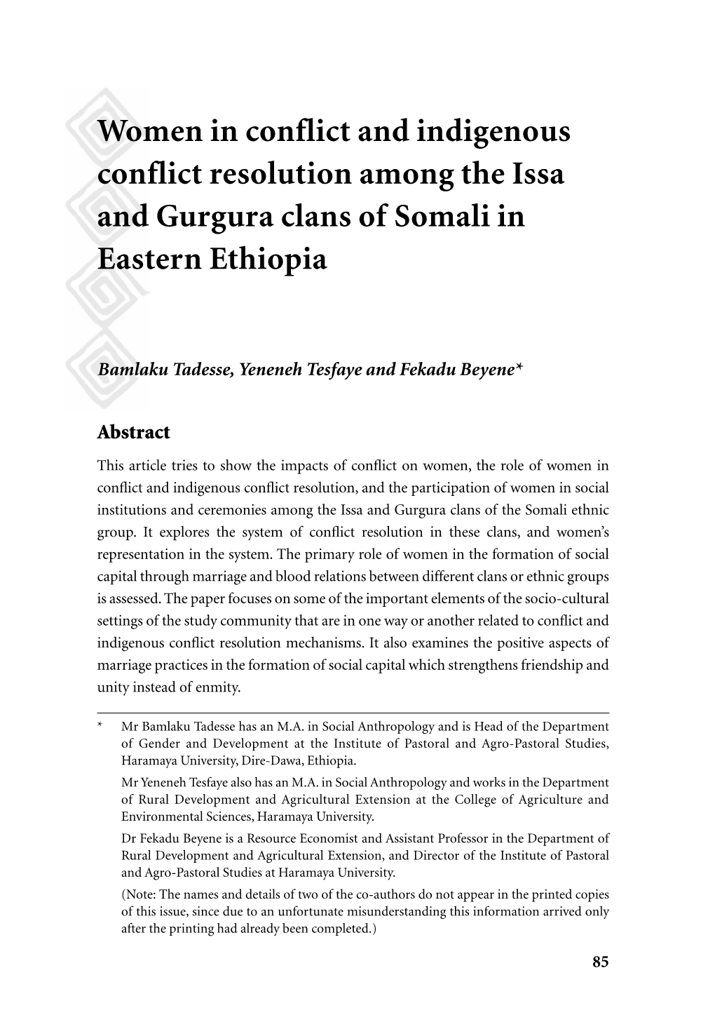 Women in Conflict and Indigenous Conflict Resolution Among the Issa and Gurgura Clans of Somali in Eastern Ethiopia