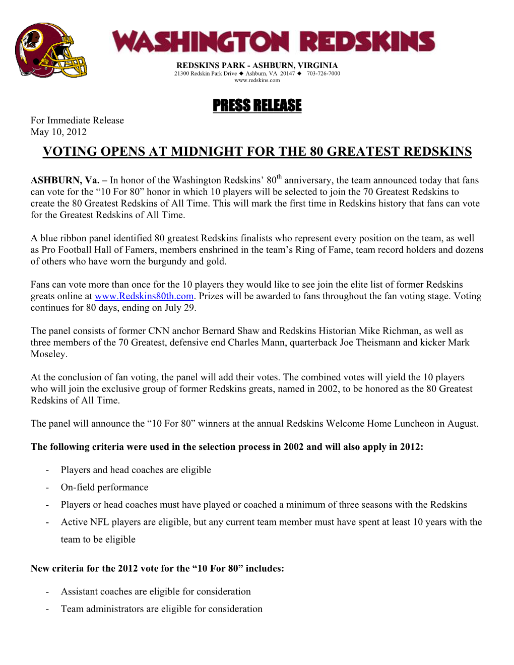 PRESS RELEASE for Immediate Release May 10, 2012