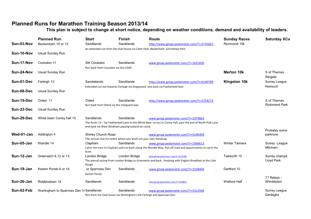 Planned Runs for Marathon Training Season 2013/14 This Plan Is Subject to Change at Short Notice, Depending on Weather Conditions, Demand and Availability of Leaders