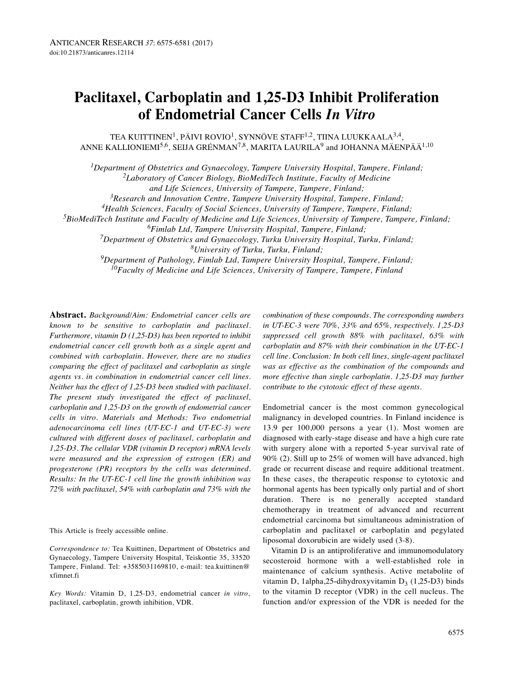 Paclitaxel, Carboplatin and 1,25-D3 Inhibit Proliferation of Endometrial