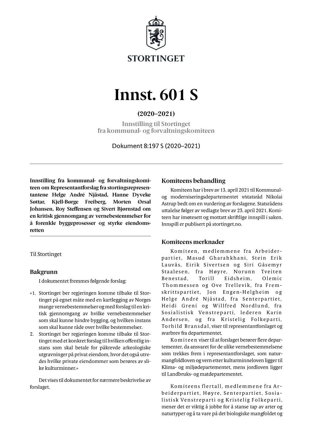 Innst. 601 S (2020–2021) Innstilling Til Stortinget Fra Kommunal- Og Forvaltningskomiteen