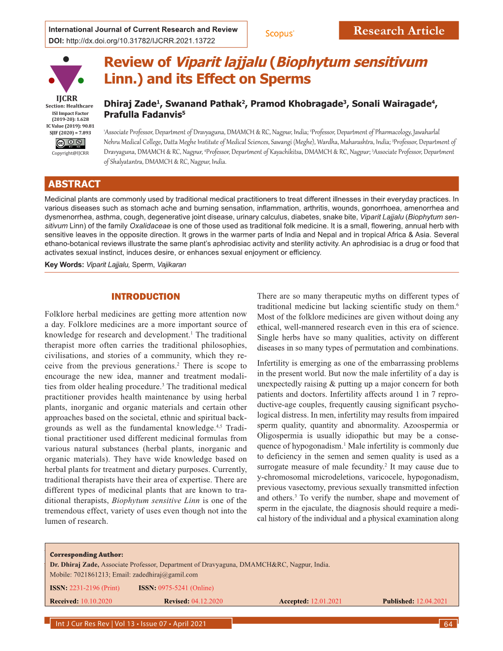 Biophytum Sensitivum Linn.) and Its Effect on Sperms