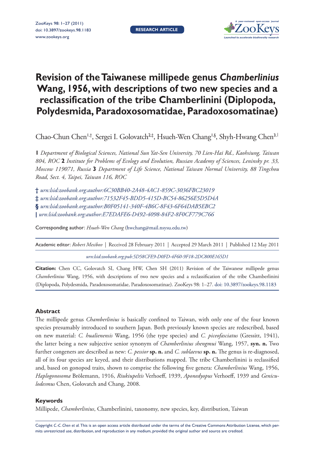 Revision of the Taiwanese Millipede Genus Chamberlinius Wang, 1956