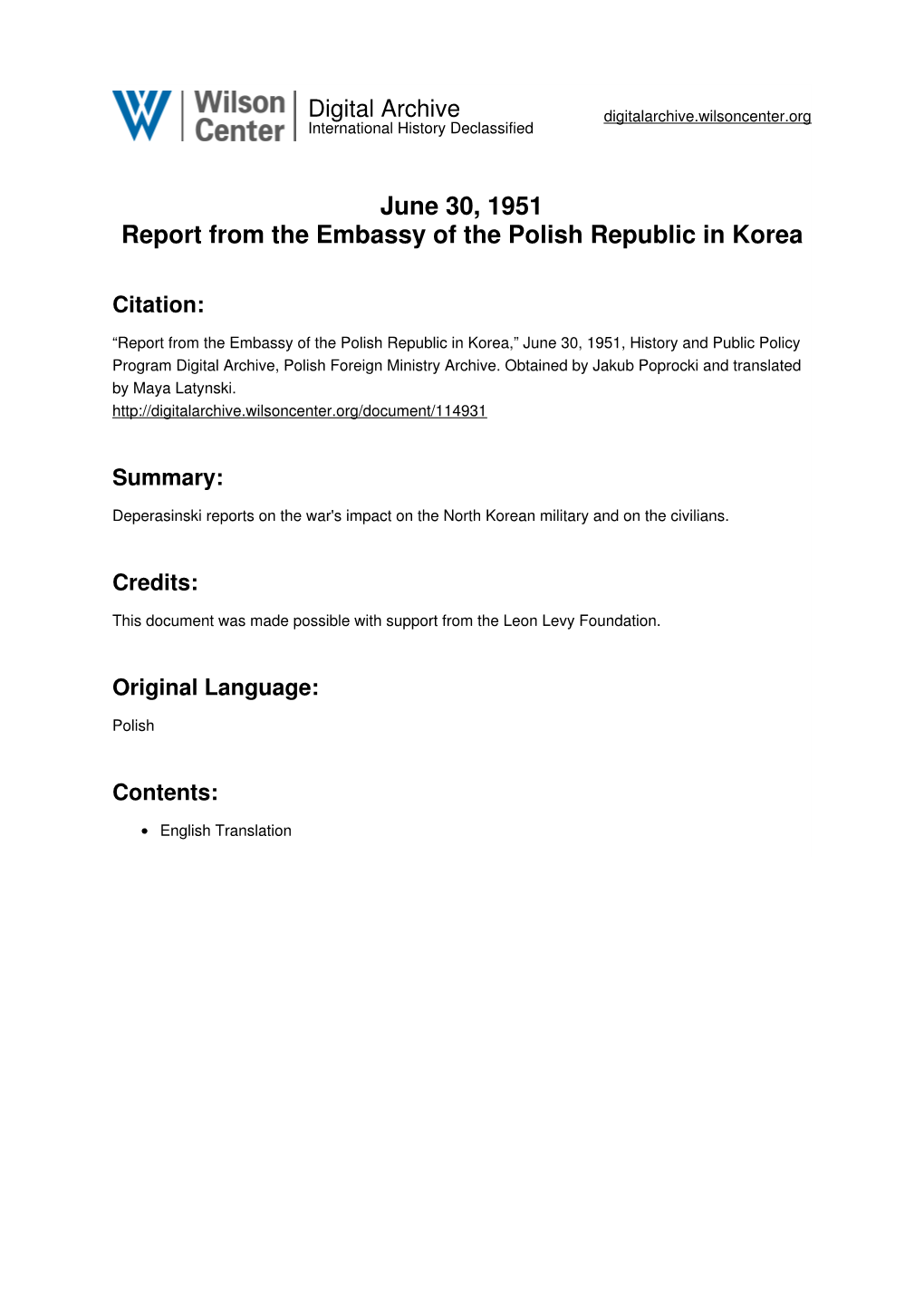 June 30, 1951 Report from the Embassy of the Polish Republic in Korea
