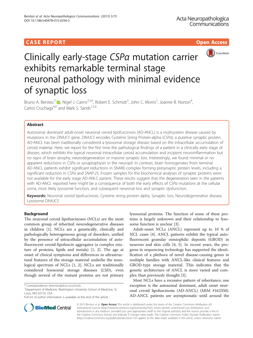 Clinically Early-Stage Cspα Mutation Carrier Exhibits Remarkable Terminal Stage Neuronal Pathology with Minimal Evidence of Synaptic Loss Bruno A