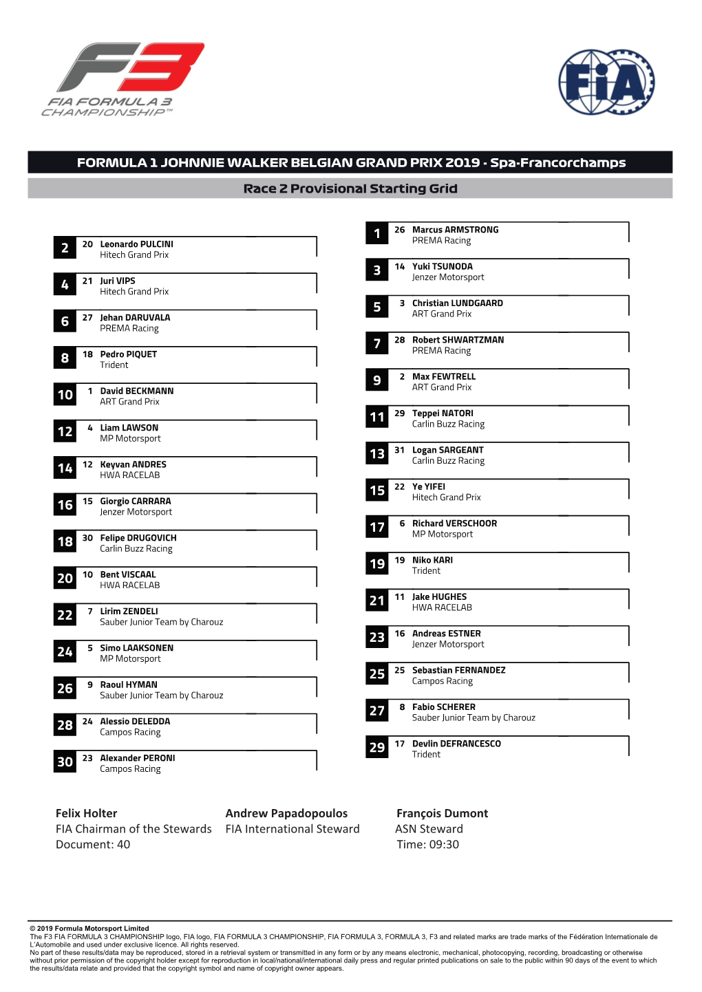 Felix Holter Andrew Papadopoulos François Dumont FIA Chairman of the Stewards FIA International Steward ASN Steward Document: 40 Time: 09:30