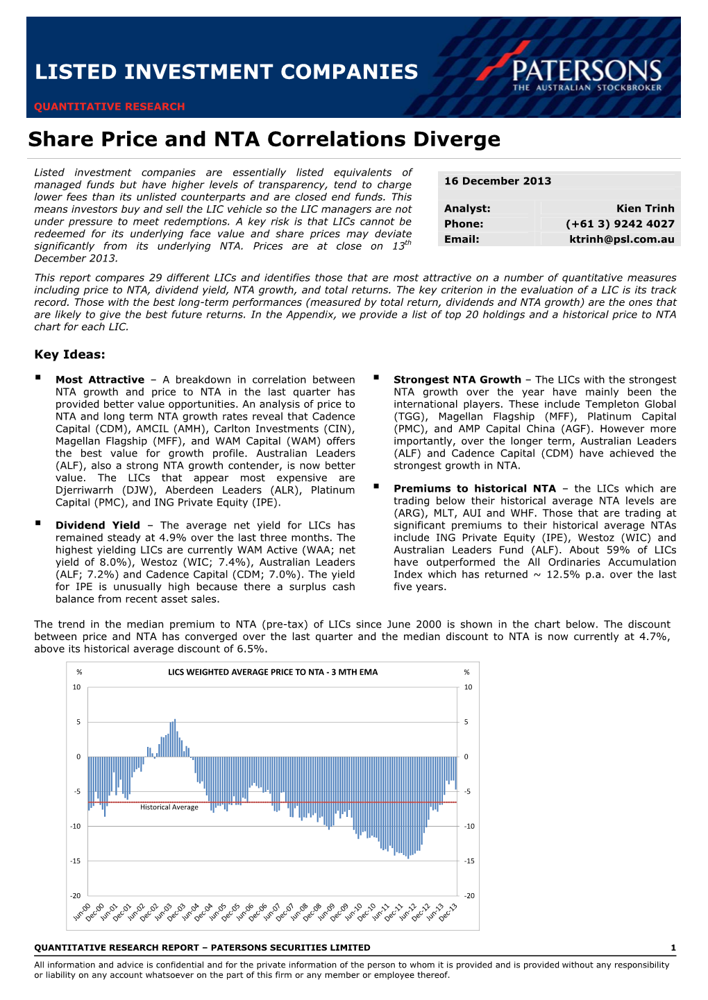 LISTED INVESTMENT COMPANIES Share Price and NTA Correlations Diverge