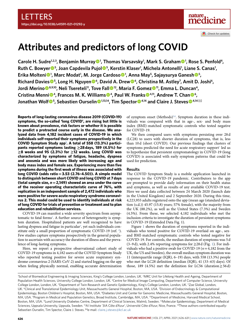 Attributes and Predictors of Long COVID