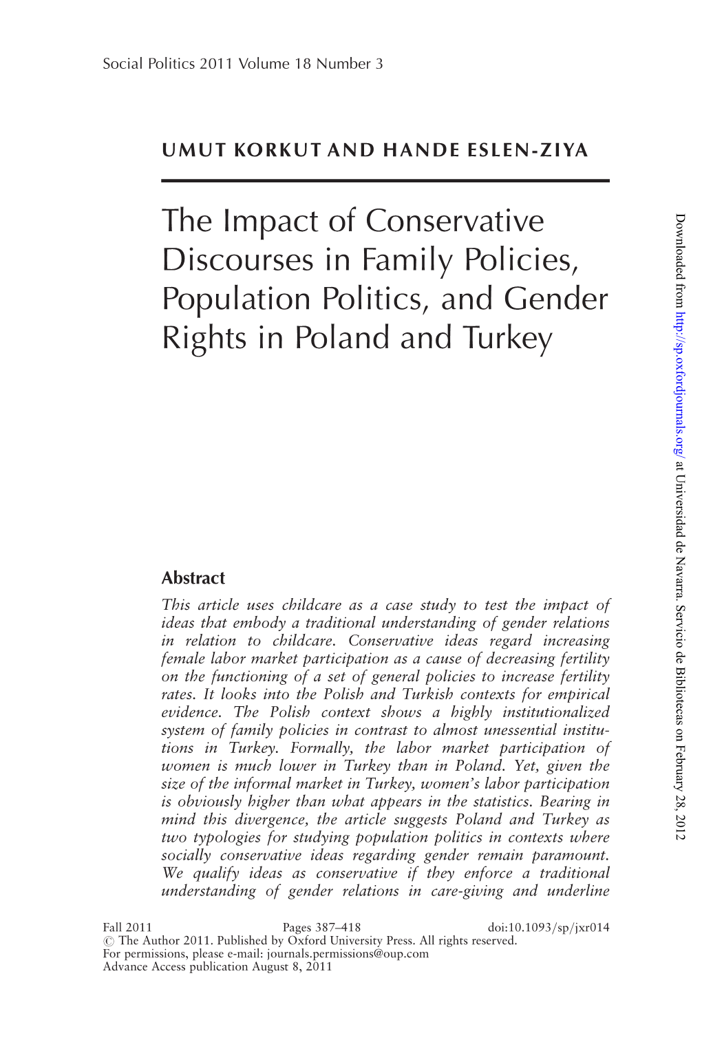 The Impact of Conservative Discourses in Family Policies, Population Politics, and Gender Rights in Poland and Turkey