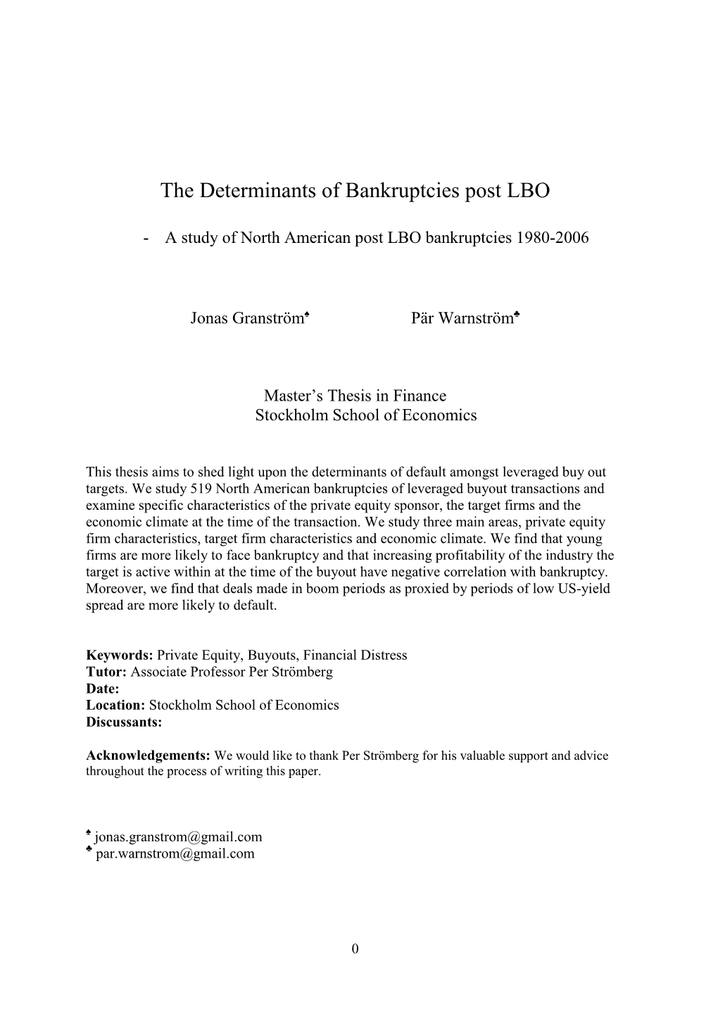 The Determinants of Bankruptcies Post LBO, Master Thesis, Jonas