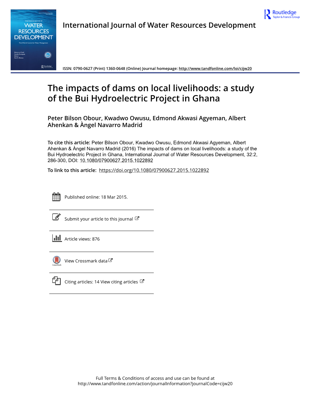 The Impacts of Dams on Local Livelihoods: a Study of the Bui Hydroelectric Project in Ghana