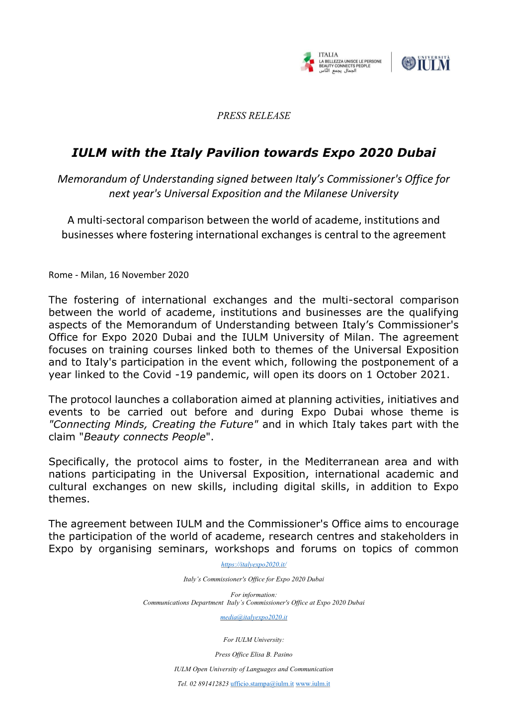 IULM with the Italy Pavilion Towards Expo 2020 Dubai