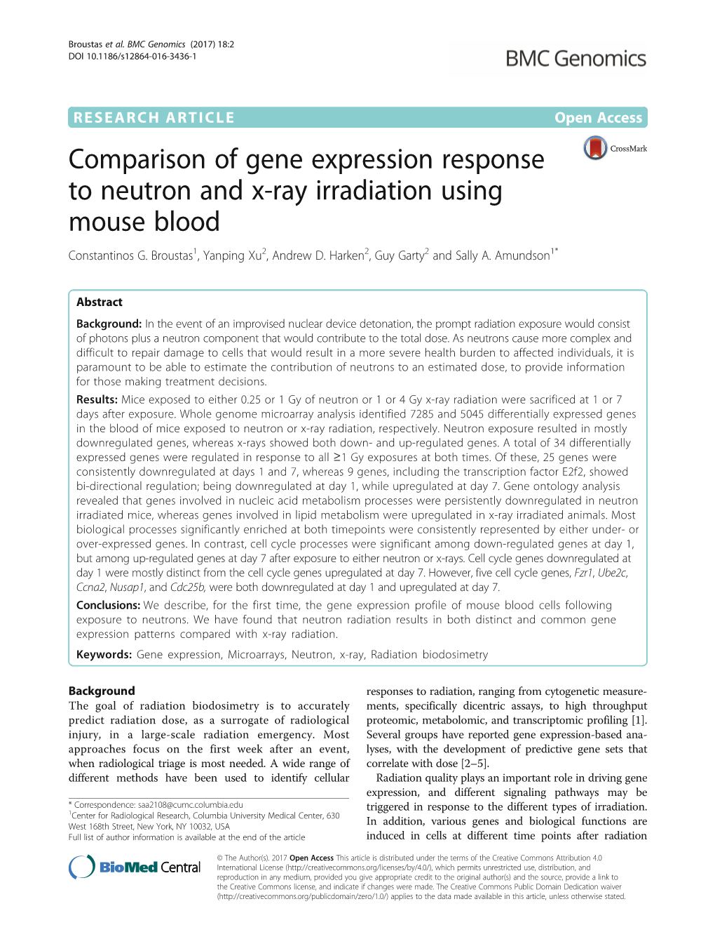 Comparison of Gene Expression Response to Neutron and X-Ray Irradiation Using Mouse Blood Constantinos G