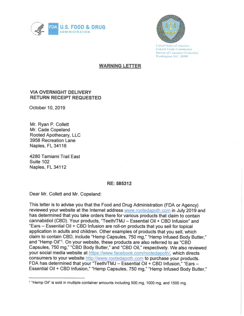 FTC and US FDA Warning Letter Re: Products Containing