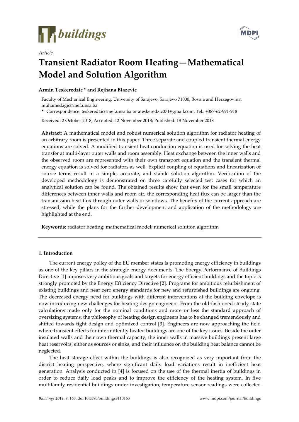 Transient Radiator Room Heating—Mathematical Model and Solution Algorithm