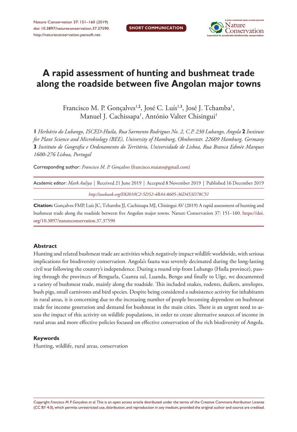 A Rapid Assessment of Hunting and Bushmeat Trade Along the Roadside Between Five Angolan Major Towns