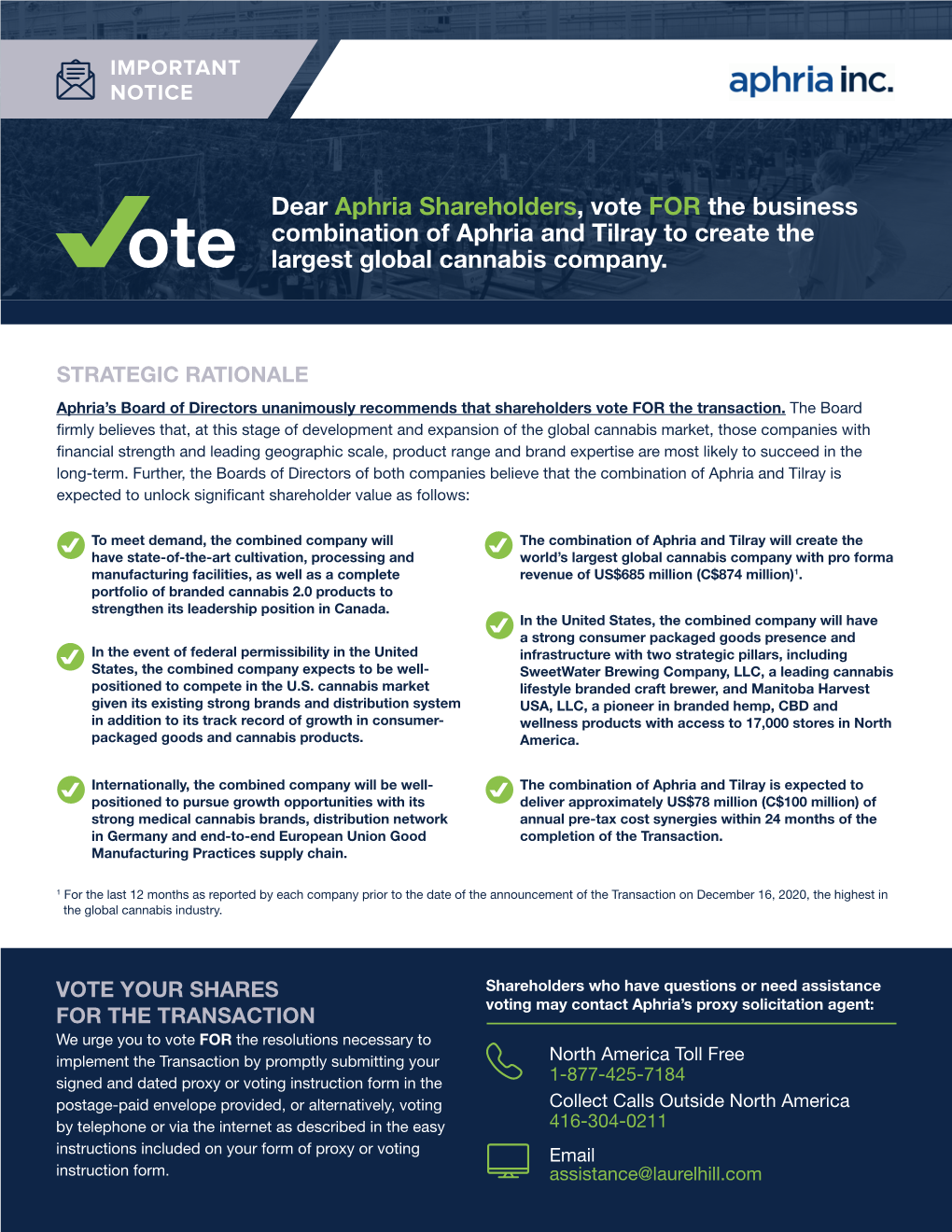 Dear Aphria Shareholders, Vote for the Business Combination of Aphria and Tilray to Create the Ote Largest Global Cannabis Company