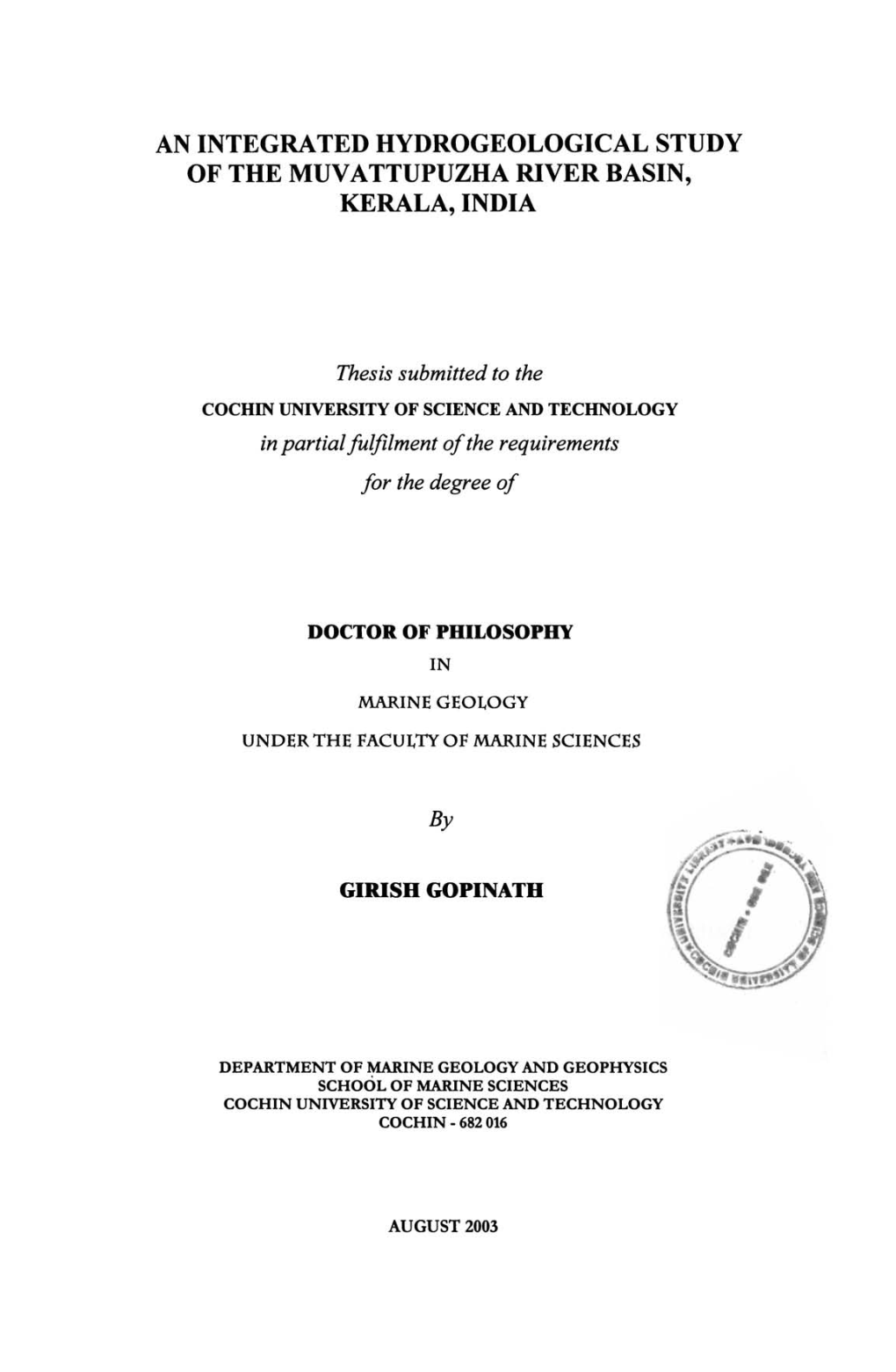 An Integrated Hydrogeological Study of the Muvattupuzha River Basin, Kerala, India