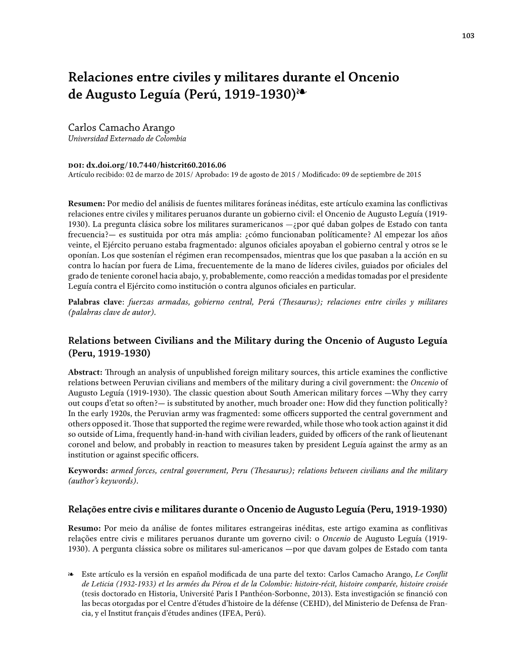 Relaciones Entre Civiles Y Militares Durante El Oncenio De Augusto Leguía (Perú, 1919-1930)❧