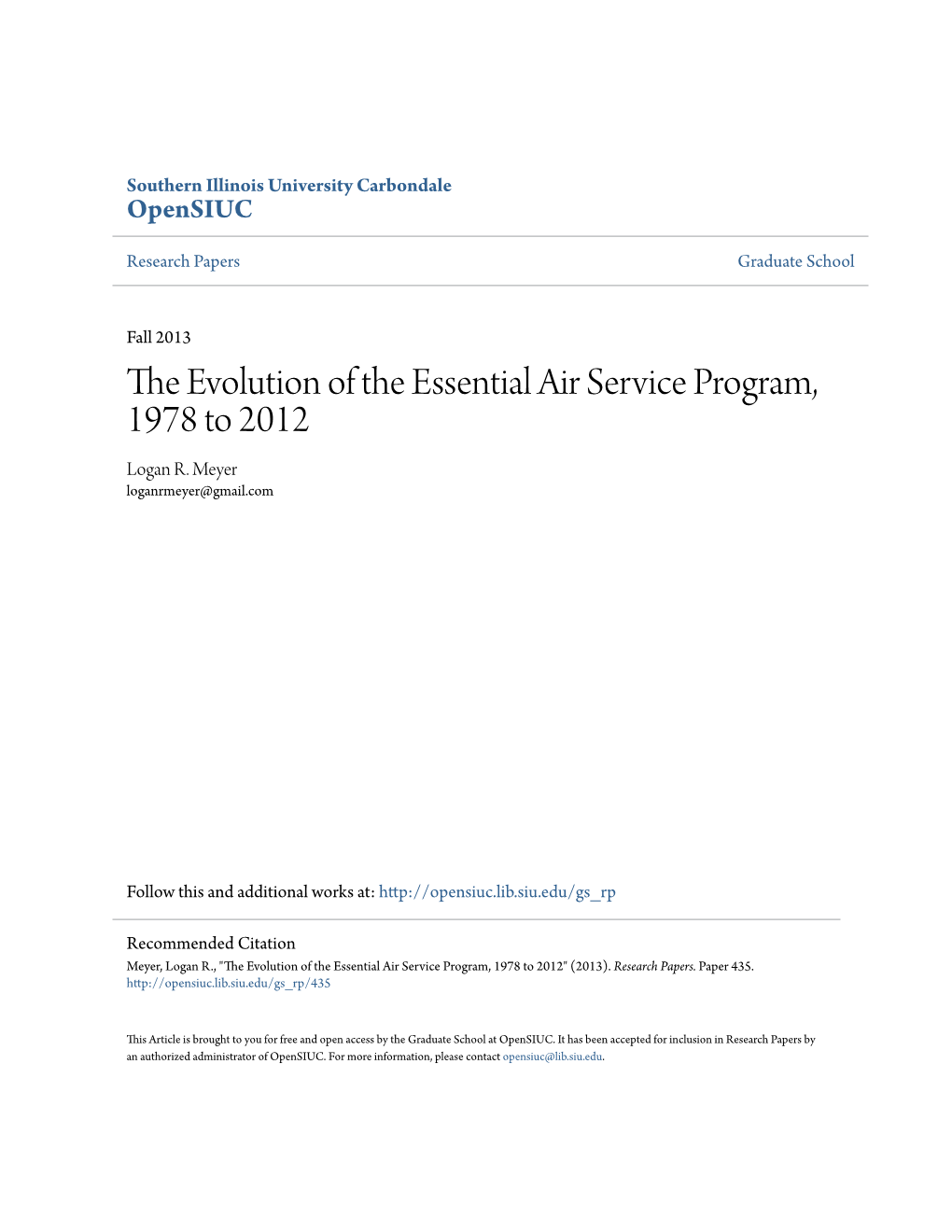 The Evolution of the Essential Air Service Program, 1978 to 2012