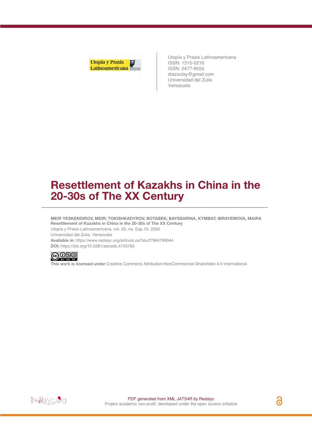 Resettlement of Kazakhs in China in the 20-30S of the XX Century