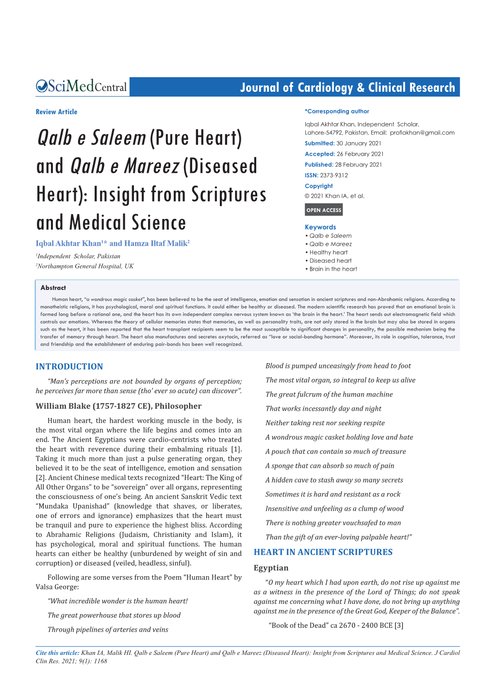 Qalb E Saleem (Pure Heart) and Qalb E Mareez (Diseased Heart): Insight from Scriptures and Medical Science