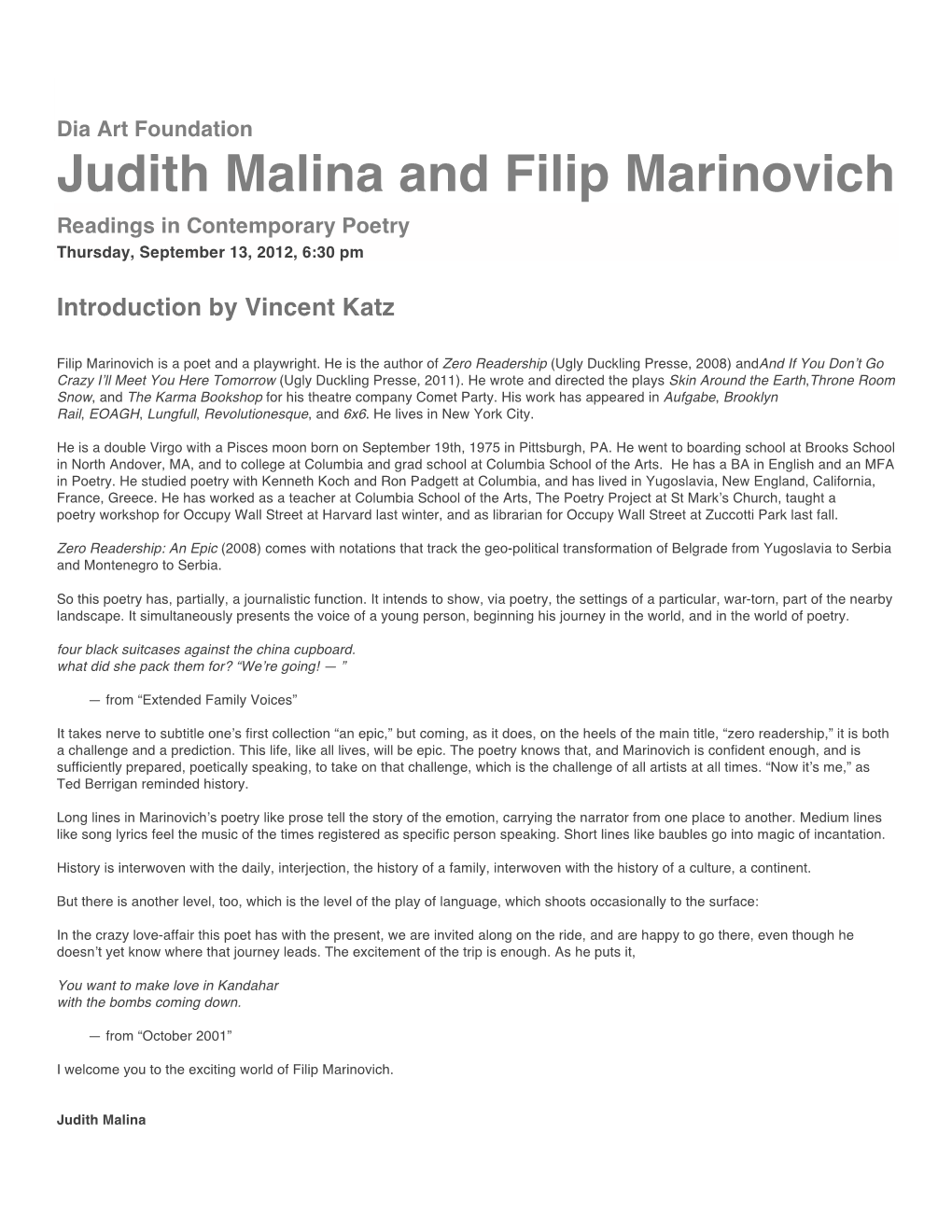 Judith Malina and Filip Marinovich Readings in Contemporary Poetry Thursday, September 13, 2012, 6:30 Pm