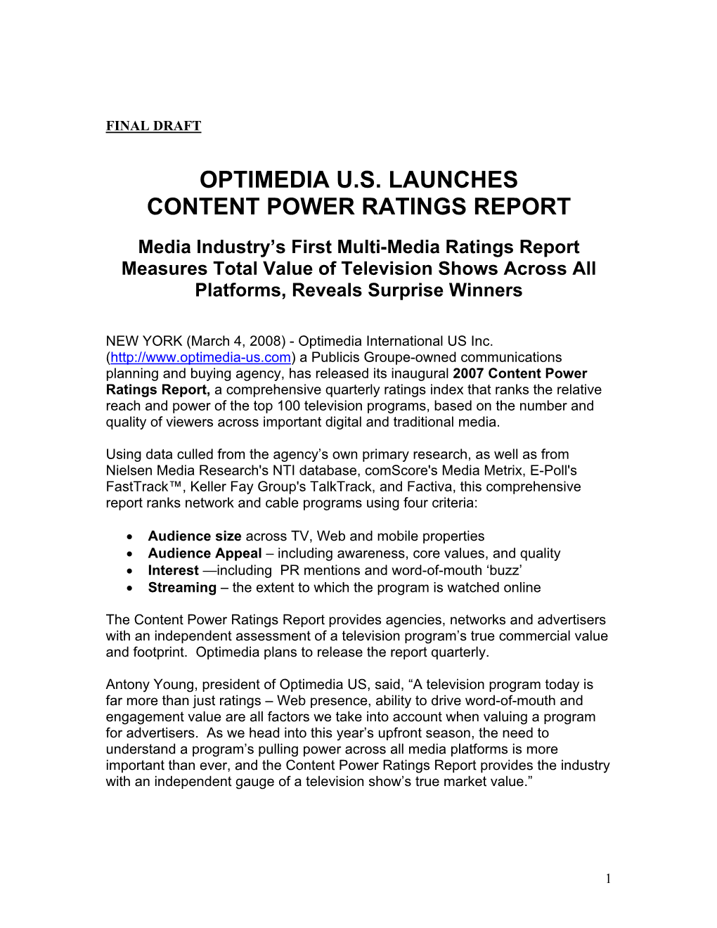 Optimedia U.S. Launches Content Power Ratings Report