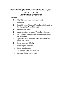 The Warangal (Metropolitan Area) Police Act, 2015. (Act No